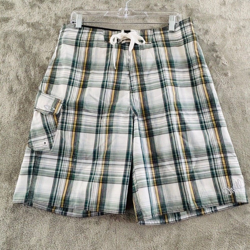 O'Neill Plaid Cargo Board Shorts Mens 32 Green‎ White Yellow Unlined Drawstring